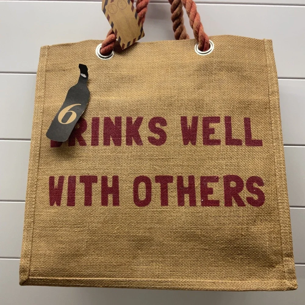 Drinks Well With Others Jute Burlap 6 Bottle Wine Tote Bag Rope Handles NEW